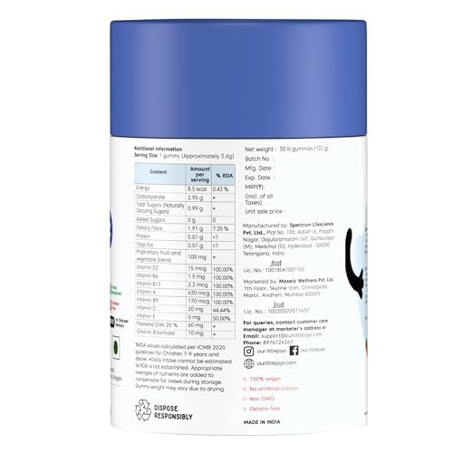 Little Joys DHA Brain Health Gummies For Kids | 7-12 years | 30 Day Pack | Improved Concentration, Mood & Sleep | Packed With 8 Vitamins & Minerals | Multivitamin Gummies For Kids With No Added Sugar