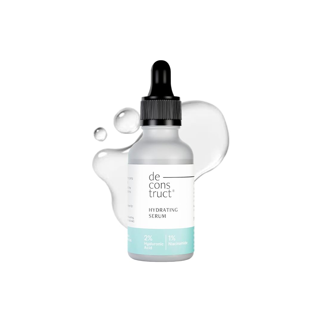 Hydrating serum bottle with dropper labeled 'de construct' on a white background