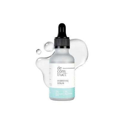 Hydrating serum bottle with dropper labeled 'de construct' on a white background