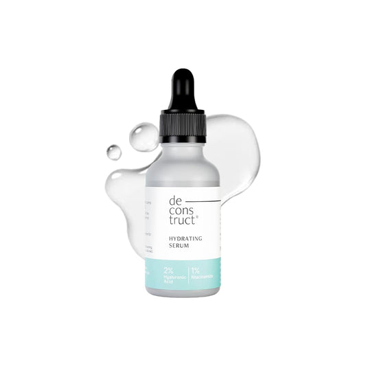 Hydrating serum bottle with dropper labeled 'de construct' on a white background