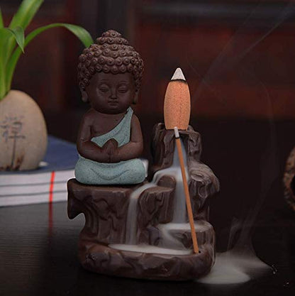 eCraftIndia Meditating Monk Buddha Smoke Backflow Cone Incense Holder Decorative Showpiece with 10 Free Smoke Backflow Scented Cone Incenses