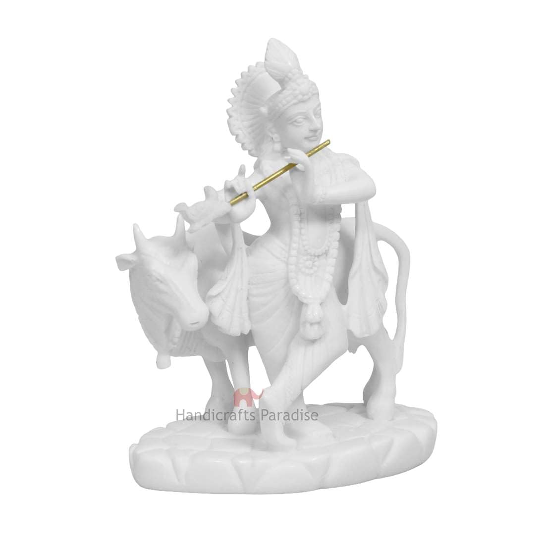 Handicrafts Paradise Carved in Resin Krishna with Cow - 5.5 Inch