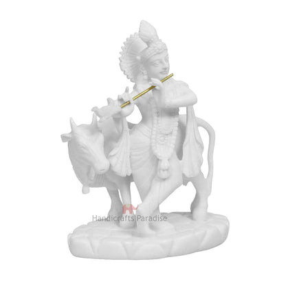 Handicrafts Paradise Carved in Resin Krishna with Cow - 5.5 Inch
