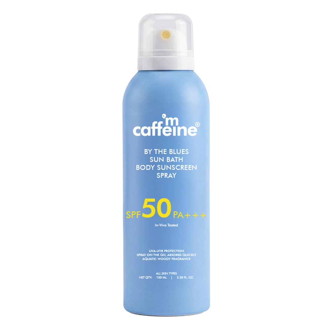 mCaffeine Sun Bath Body Sunscreen Spray SPF 50 PA +++ | In-vivo Tested | UVA & UVB Protection, Invisible, Non-Greasy | Water & Sweat Resistant Spray | By The Blues - Aquatic Woody Fragrance - 100ml
