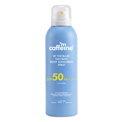 mCaffeine Sun Bath Body Sunscreen Spray SPF 50 PA +++ | In-vivo Tested | UVA & UVB Protection, Invisible, Non-Greasy | Water & Sweat Resistant Spray | By The Blues - Aquatic Woody Fragrance - 100ml