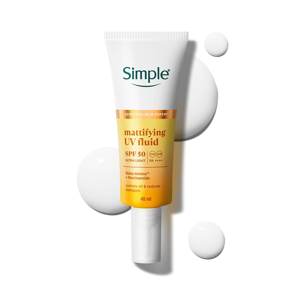 Simple brand matifying UV fluid SPF 50 bottle on a white background