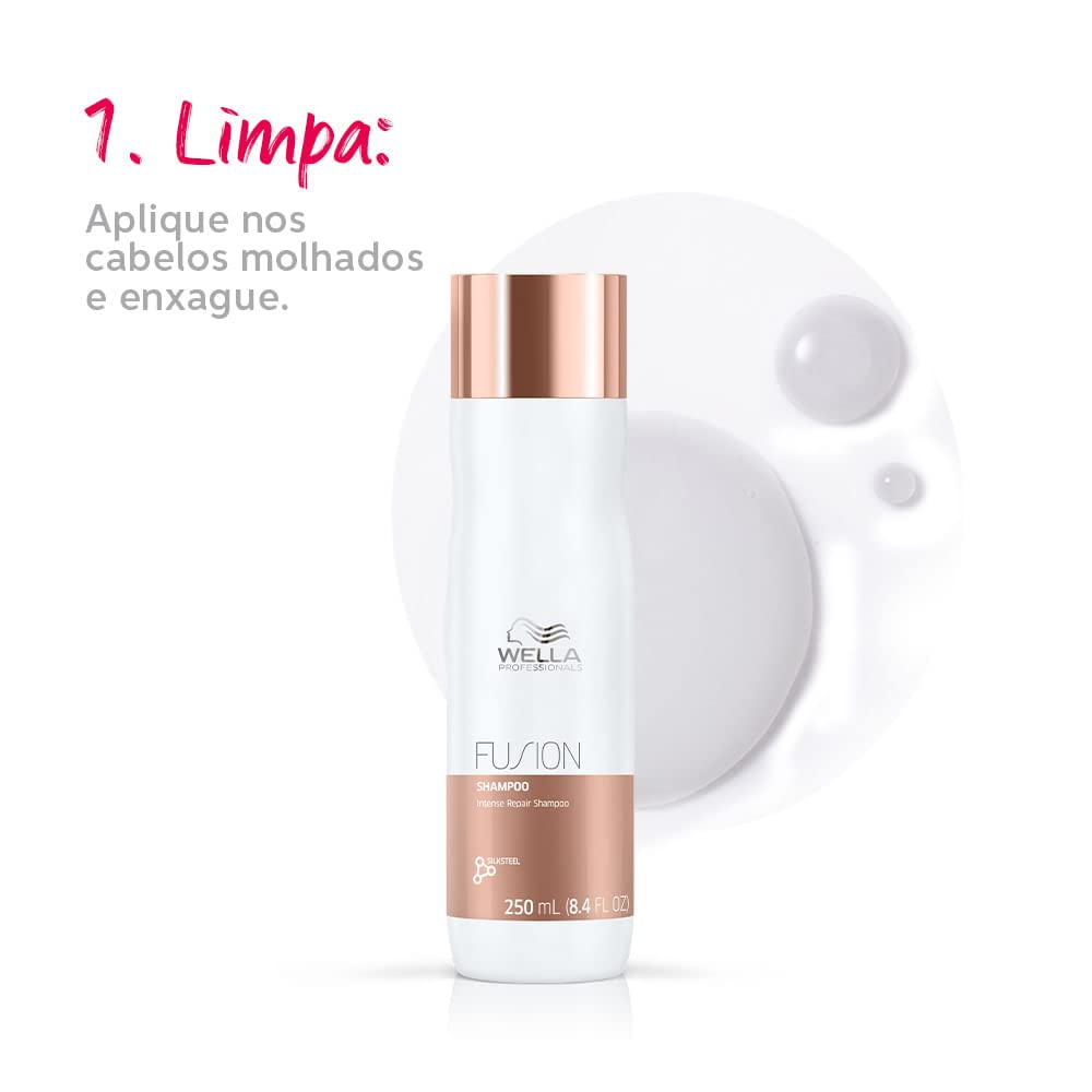 Wella Fusion shampoo bottle with text on a white background