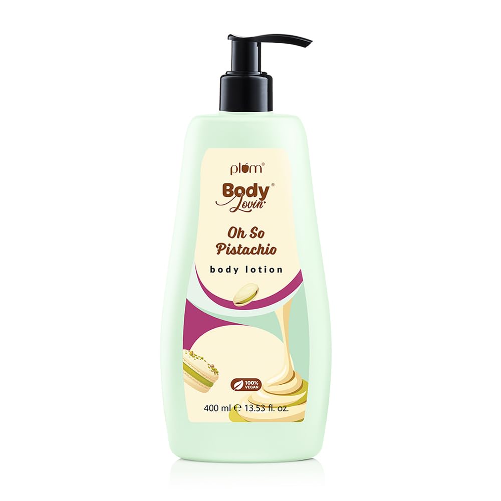 Plum BodyLovin’ Pistachio Body Lotion | Fresh Nutty Pistachio & Hazelnut Notes | Gel-Cream Formula with Aloe, Vitamin E & B5 | Deep Moisturization & Fast Absorption | Non - Greasy | For Dry–Very Dry Skin | 400 ml