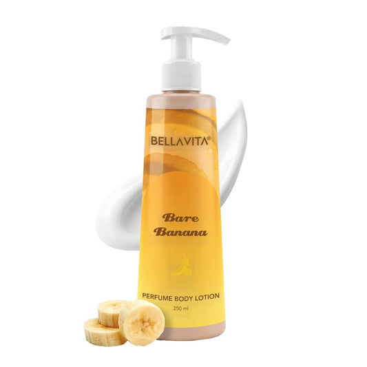 Bellavita Bare Banana perfume body lotion with pump on a white background