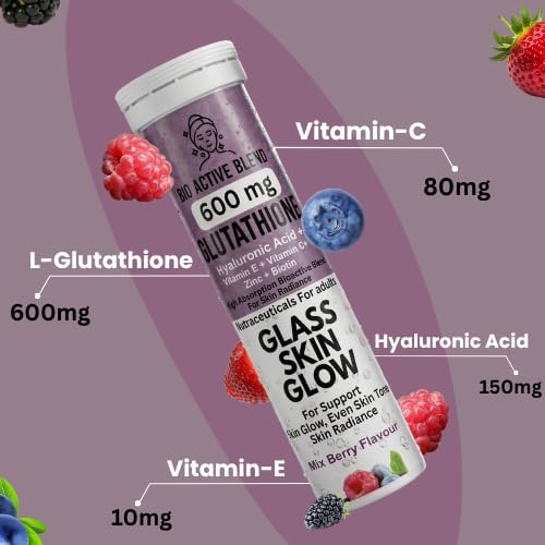 Nutrasium Glutathione Tablets for Skin Glow & Even Skin Tone | 600 mg L-Glutathione Reduced with Hyaluronic Acid, Vitamin C & E, Zinc & Biotin | 15 Effervescent Tablets, Mixed Berry Flavour