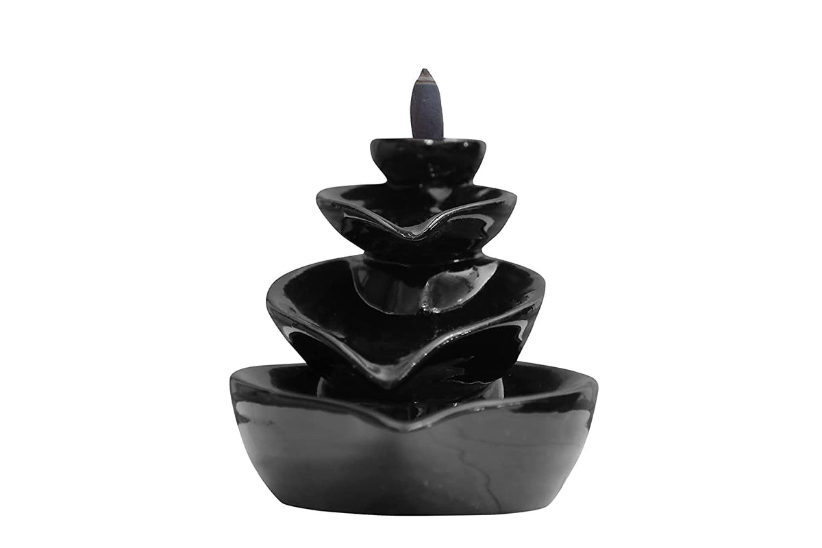 Ceramic Smoke Backflow with 10 Free Cones Incense Holder | Spiritual Showpiece for Temple, Pooja, Meditation, Yoga, Relaxation, Aromatherapy | Home & Office Décor (Black)