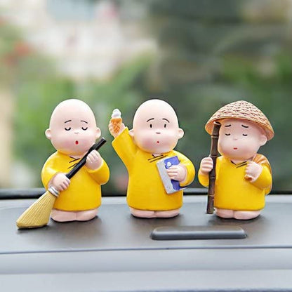 Resin Baby Monk Buddha Set of 3 - Showpiece for Car Dashboard, Table Desktop, Living Room, Home Decor Items (Small, Multicolour)