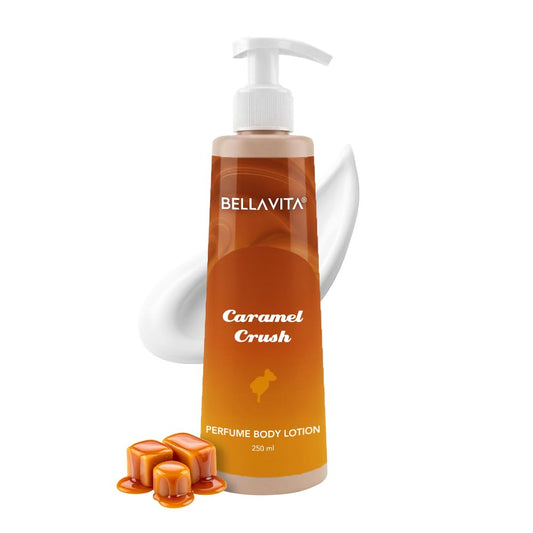 Bellavita Caramel Crush perfume body lotion with pump on a white background