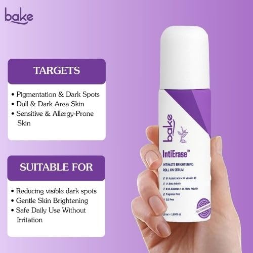 BAKE IntiErase™ Intimate Brightening Roll-On Serum With 5% Azelaic Acid, 5% Niacinamide, Alpha Arbutin | For Dark Underarms, Inner Thighs, Knees & Bikini Area | Intimate Areas for Women & Men - 50ml