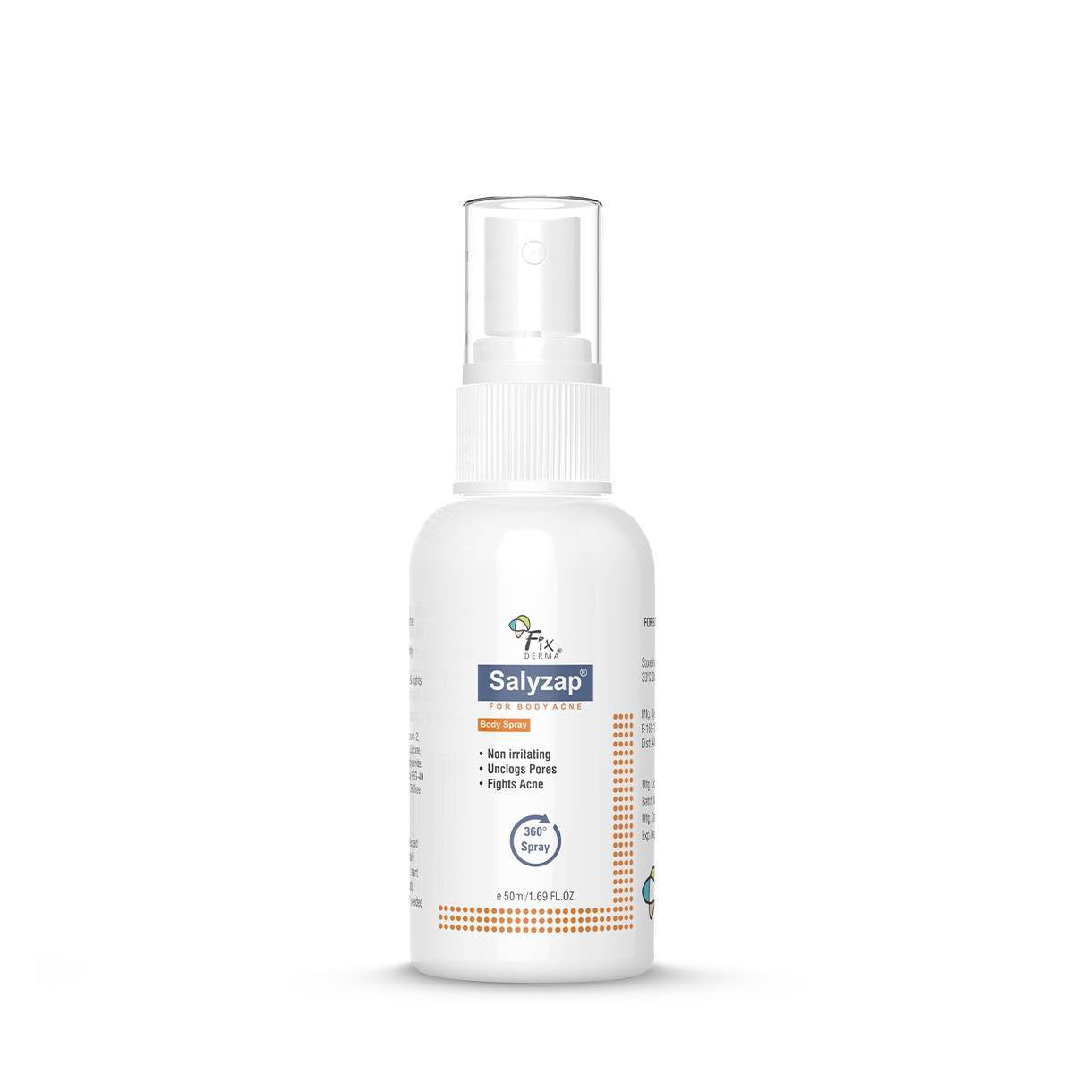 Fixderma 2% Salicylic Acid Salyzap Body Acne Spray For Acne on Back, Shoulders, Neck & Chest to improve Breakouts & Uneven skin texture for Women & Men - 50ml