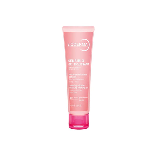 Pink tube of Bioderma Sensibio cleansing gel on a white background