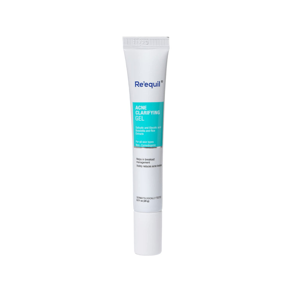 Tube of Re'equil Acne Clarifying Gel on a white background