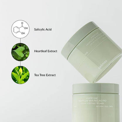 celimax Ji Woo Gae Heartleaf BHA Peeling Pad (60 Pads) Korean Toner Pads with Heartleaf Extract, BHA & Niacinamide, Exfoliating, Pore-Clearing, Removes Dead Skin, Minimises Pores, Calms & Smooths Skin