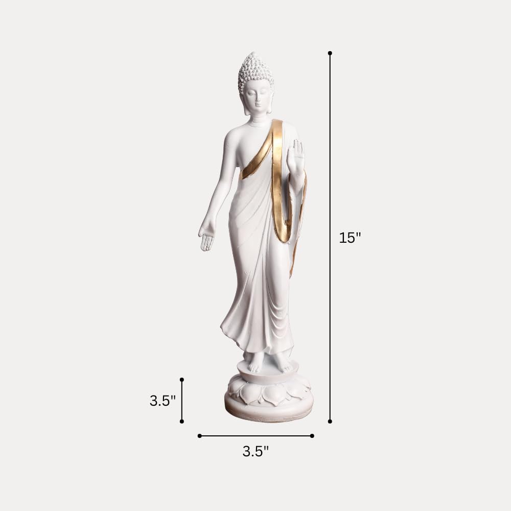 White & Gold Plated Blessing Standing Gautam Buddha Idol Statue | Polyresin Showpiece for Table, Office, Home Decoration Item