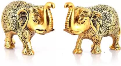 Kalakriti Metal Elephant Statue Small Size Gold Polish 2 pcs Set Enhance Your Home | Car | Office | Table | Article | Animal Decorative Showpiece Figurines for Best Gifting (15X9X4 CM), Golden