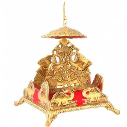 Metal Singhasan Traditional Deity Throne with Elephant Carving Antique Gold Finish & Red Velvet Cushion for Mandir& janmashtami - 6.5 Inch