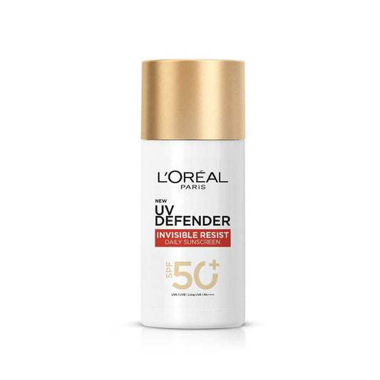 L'Oreal Paris UV Defender sunscreen bottle on a white background