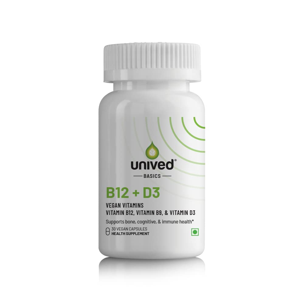Zephivo Unived Basics B12+D3 | Vitamin B12 as Methylcobalamin (98%), 300mcg Methyltetrahydrofolate (5-MTHF), 600 I.U. Vitamin D3 (Cholecalciferol) | Bone, Cognitive & Cardiovascular Support|30 Vegan Capsules
