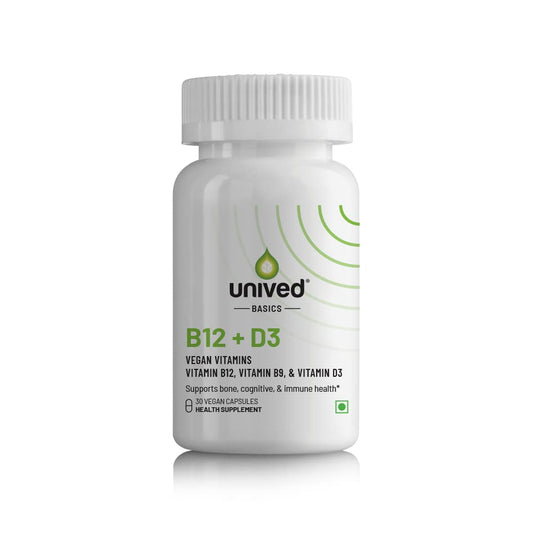 Zephivo Unived Basics B12+D3 | Vitamin B12 as Methylcobalamin (98%), 300mcg Methyltetrahydrofolate (5-MTHF), 600 I.U. Vitamin D3 (Cholecalciferol) | Bone, Cognitive & Cardiovascular Support|30 Vegan Capsules
