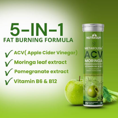 Nutrasium ACV Moringa Metabolism Plus | Apple Cider Vinegar Effervescent Tablet | For Supports Weight Loss, Control Cravings, Convert Fat Into Energy, Boost Energy & Immunity | 15 Tablets Green Apple