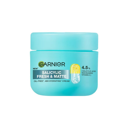 Garnier Salicylic Fresh & Matte cream jar on a white background