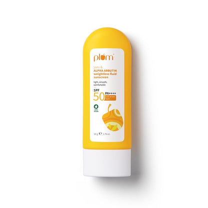 Plum Yuzu & Alpha Arbutin Fluid Sunscreen SPF 50 PA++++ | Boosts Glow & Skin Barrier | Fade Tan & Dark Spots | Quick-Absorbing | No White Cast & Non-Greasy | Women & Men | for All Skin Types | 50g