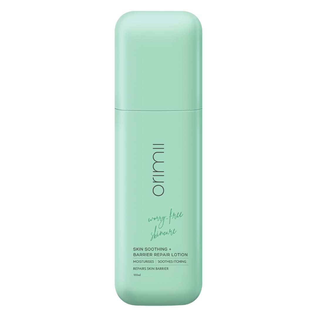 Mint green bottle of O rimil skincare lotion on a white background