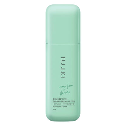 Mint green bottle of O rimil skincare lotion on a white background