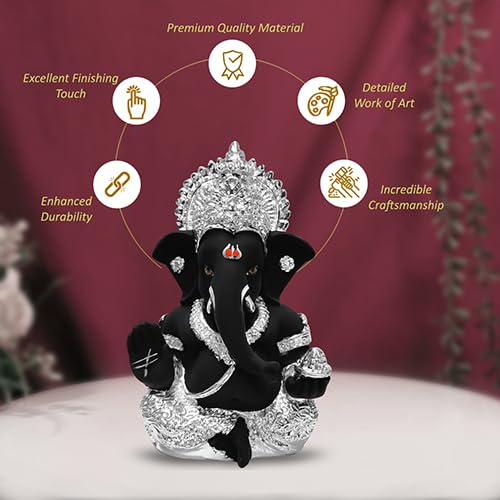 999 Silver Plated Ganesha Idol for Home Decor Puja |Ganesh Idol for Home Decor Ganpati for Gift 3.5 inches |Ganesh Statue Gift for Office Desk Puja Room Figurine (8.89 x 5.08 cm) (Black)