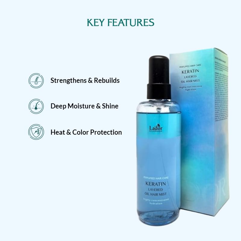 LADOR Keratin Layered Oil Hair Mist (130ml) Korean Keratin Layered Perfume Oil Mist for Heat & Color Protection | Deeply Conditions, Promotes Soft Shiny Hair, Prevents Damage