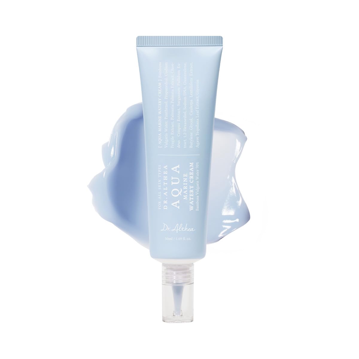 Tube of light blue cream with a white background