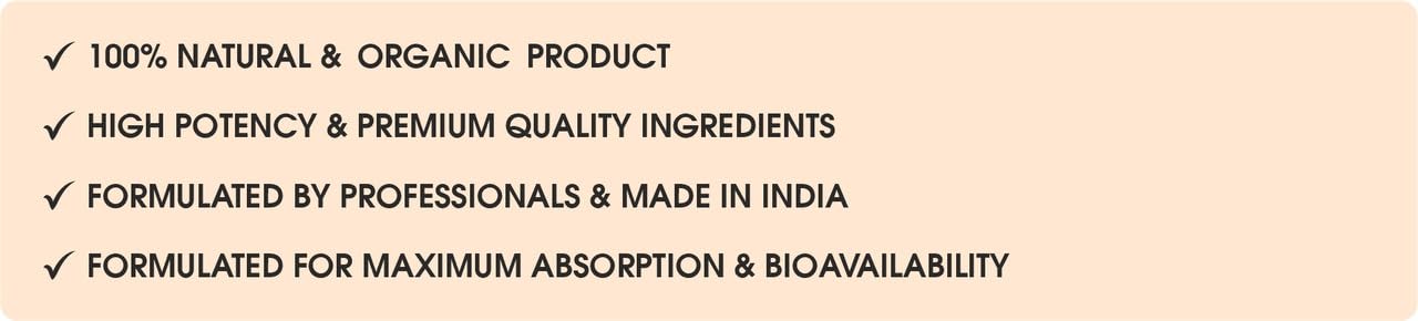 Text highlighting natural, organic, high potency, and premium quality attributes on a beige background.