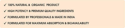Text highlighting natural, organic, high potency, and premium quality attributes on a beige background.