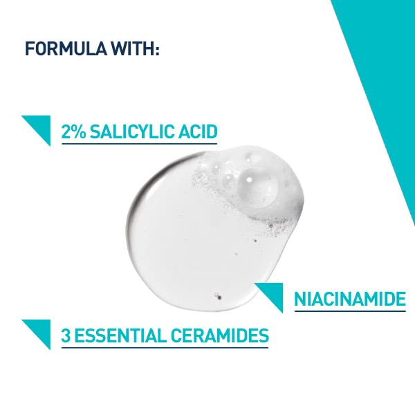Product packaging with salicylic acid, niacinamide, and ceramides text on a white background
