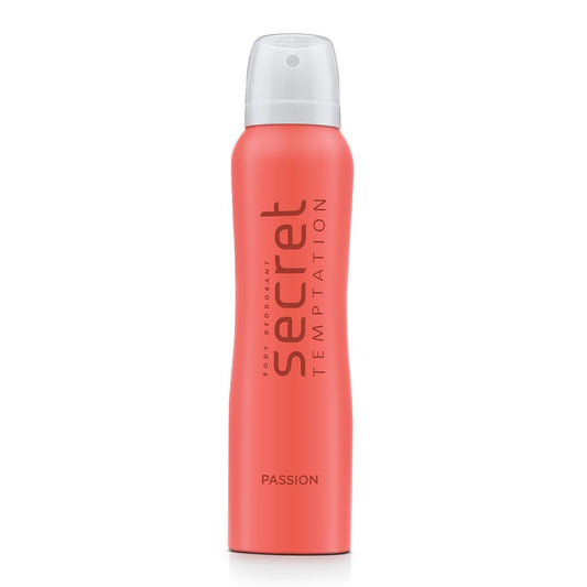 Coral deodorant spray bottle with 'Secret Temptation' branding on a white background