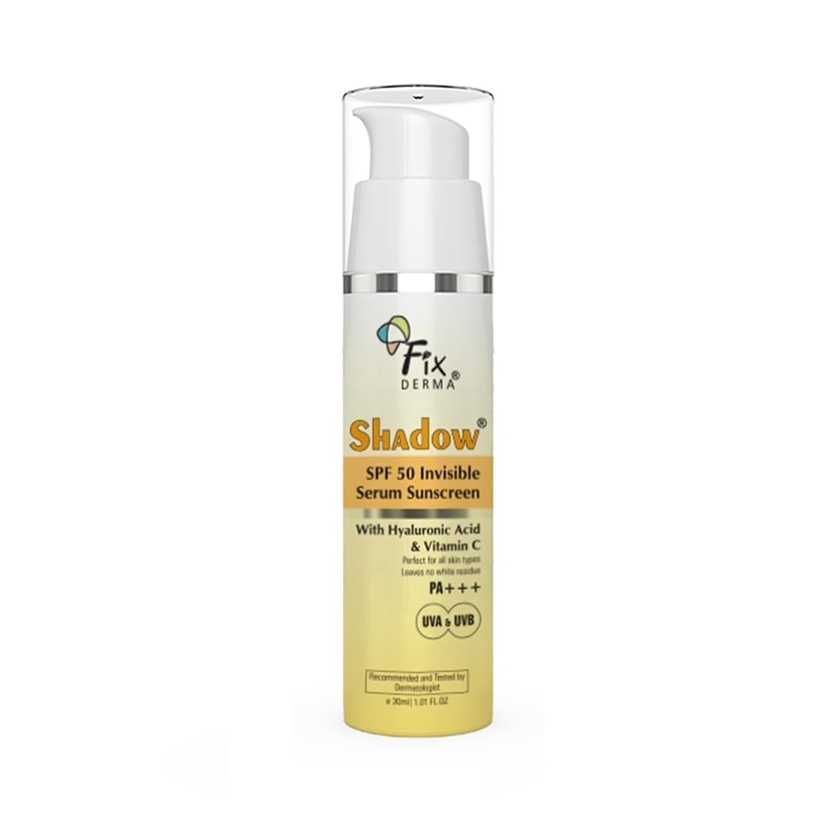 FIXDERMA Shadow Invisible Serum Sunscreen SPF 50+ PA+++|Ultra Lightweight Transparent Sunscreen with Vitamin C & Hyaluronic Acid|No White Cast|For All Skin Types|For Men & Women|Airless Pump 30 ML