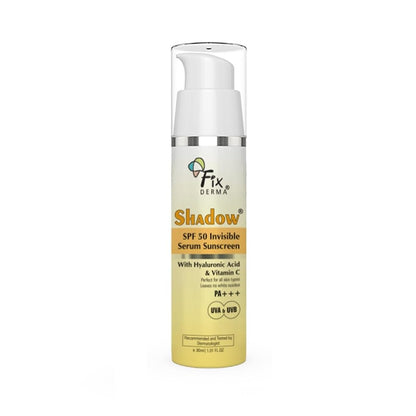 FIXDERMA Shadow Invisible Serum Sunscreen SPF 50+ PA+++|Ultra Lightweight Transparent Sunscreen with Vitamin C & Hyaluronic Acid|No White Cast|For All Skin Types|For Men & Women|Airless Pump 30 ML