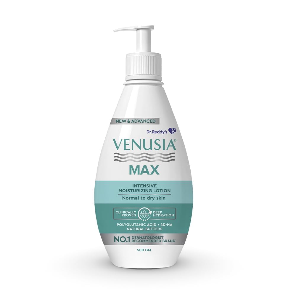 Dr. Reddy's Venusia Max Intensive Moisturizing Lotion | Enriched with 4D Hyaluronic Acid & Polyglutamic Acid | Clinically Proven Deep Penetration for Long lasting hydration | For Face & Body | Moisture Lock with Shea, Cocoa, Mango, and Aloe Butter 500 g
