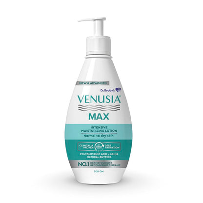 Dr. Reddy's Venusia Max Intensive Moisturizing Lotion | Enriched with 4D Hyaluronic Acid & Polyglutamic Acid | Clinically Proven Deep Penetration for Long lasting hydration | For Face & Body | Moisture Lock with Shea, Cocoa, Mango, and Aloe Butter 500 g