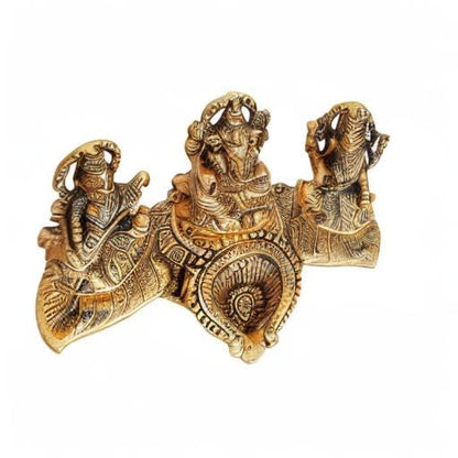 Kalakriti God Idols for puja Room Metal Antique Ganesh laxmi Saraswati Idol Murti |Decorative Platter with Diya, Sitting Blessing Ganpati for Diwali Decoration Festival, Golden