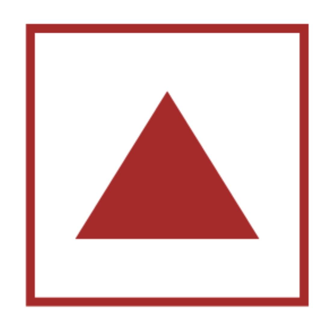 Red triangle within a red square on a white background