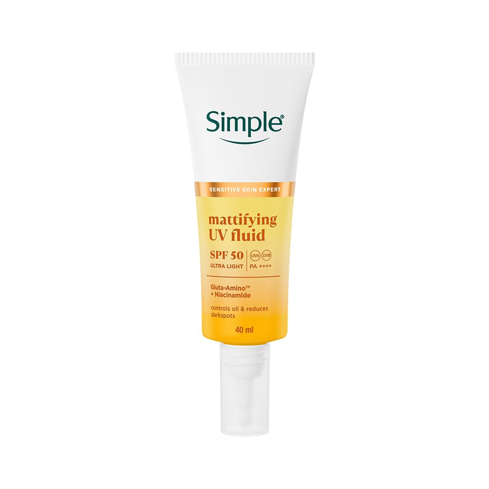 Simple Mattifying UV Fluid SPF 50 tube on a white background