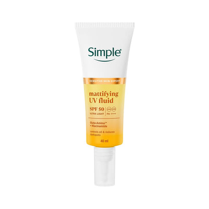 Simple Mattifying UV Fluid SPF 50 tube on a white background