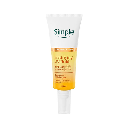 Simple Mattifying UV Fluid SPF 50 tube on a white background