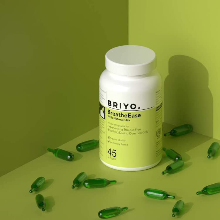 BRIYO BreatheEase supplement bottle with green capsules on a green background